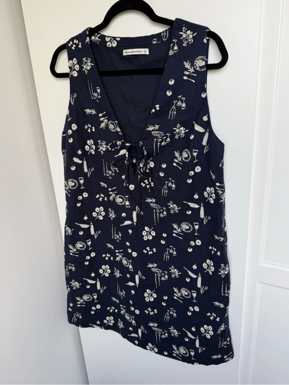 Abercrombie & Fitch Women Linen Blend Tie Front Dress Navy Fun Print Large Tall